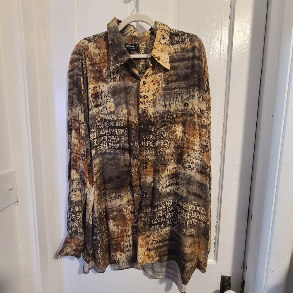 Vintage Riscatto Shirt Men's 2X Multi Abstract Print Rayon Made in Italy 90s